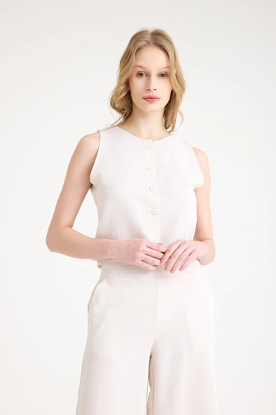 Keten Yazlık Yüksel Bel Capri Pantolon Sırt Detaylı Kolsuz İkili Takım - Resim 2