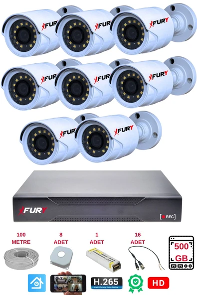 FURY 8 li Gece Renkli Görüş Güvenlik Kamerası Full HD-Su Geçirmez Güvenlik Kamerası Seti 500GB - Resim 2