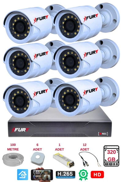 FURY 6 lı Gece Renkli Görüş Güvenlik Kamerası Full HD-Su Geçirmez Güvenlik Kamerası Seti 320GB - Resim 2