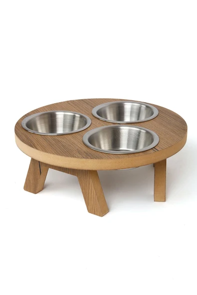 3 Kaseli Yuvarlak Kedi köpek Mama Su Kabı Ahşap Demonte Stand - 3