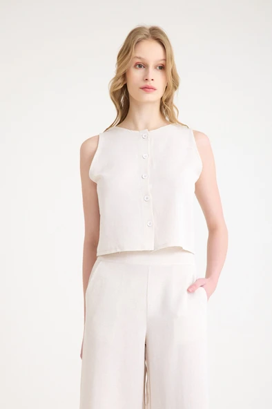 Keten Yazlık Yüksel Bel Capri Pantolon Sırt Detaylı Kolsuz İkili Takım - Resim 9