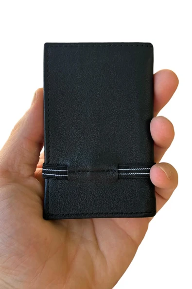 %100 Hakiki Deri Unisex Siyah Lastikli Dikey Kartlık - 4