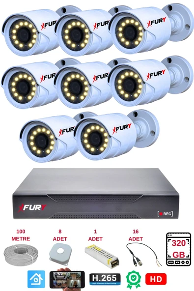 FURY 8 li Gece Renkli Görüş Güvenlik Kamerası Full HD-Su Geçirmez Güvenlik Kamerası Seti 320GB ürün görseli