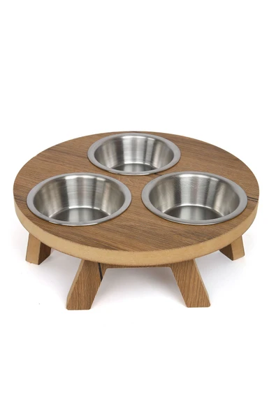 3 Kaseli Yuvarlak Kedi köpek Mama Su Kabı Ahşap Demonte Stand