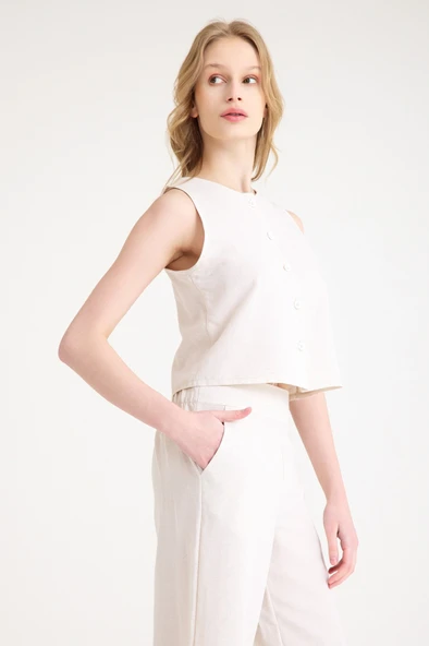 Keten Yazlık Yüksel Bel Capri Pantolon Sırt Detaylı Kolsuz İkili Takım - Resim 4