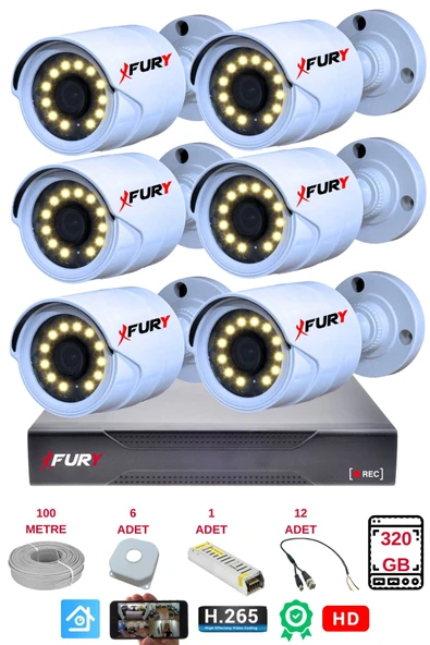 FURY 6 lı Gece Renkli Görüş Güvenlik Kamerası Full HD-Su Geçirmez Güvenlik Kamerası Seti 320GB ürün görseli