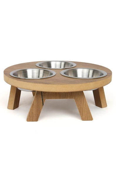 3 Kaseli Yuvarlak Kedi köpek Mama Su Kabı Ahşap Demonte Stand - 4