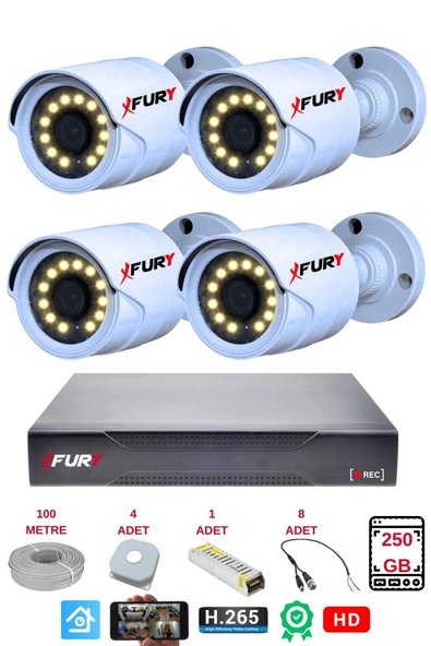 FURY 4 lü Gece Renkli Görüş Güvenlik Kamerası Full HD-Su Geçirmez Güvenlik Kamerası Seti 250GB
