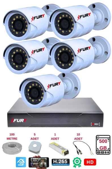 FURY 5 li Gece Renkli Görüş Güvenlik Kamerası Full HD-Su Geçirmez Güvenlik Kamerası Seti 500GB - 2