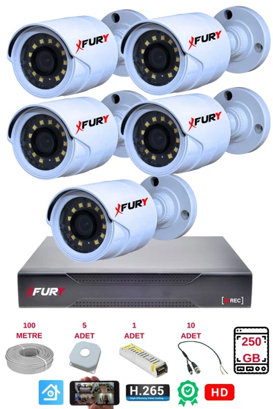 FURY 5 li Gece Renkli Görüş Güvenlik Kamerası Full HD-Su Geçirmez Güvenlik Kamerası Seti 250GB - 2