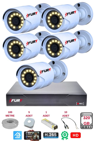 FURY 5 li Gece Renkli Görüş Güvenlik Kamerası Full HD-Su Geçirmez Güvenlik Kamerası Seti 320GB ürün görseli