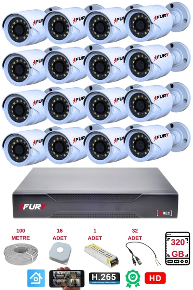 FURY 16 Lı Gece Renkli Görüş Güvenlik Kamerası Full Hd-Su Geçirmez Güvenlik Kamerası Seti 320GB - Resim 2