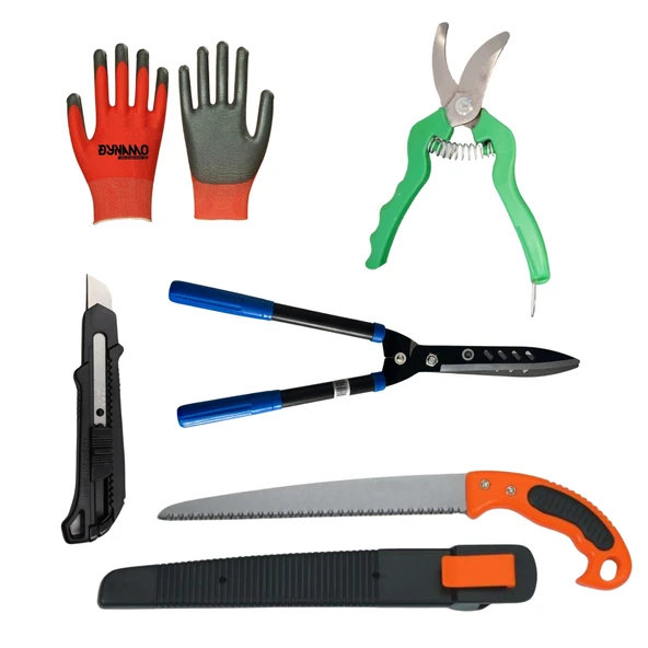 5li Budama Dal Kesme Seti(Bağ Makası,Çim Biçme makası,Kılıflı Testere, Maket Bıçağı , Eldiven)