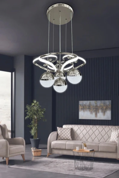 Hemera Modern Sarkıt Kumandalı Led Avize 3 Renk 4 Bölmeli Krom Kaplamalı Toplu Kelebek Taşlı