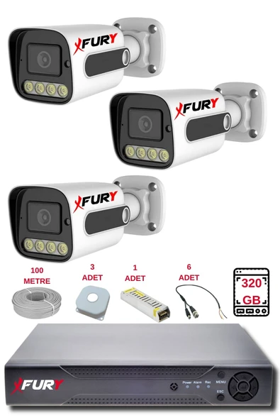 FURY 3 Kameralı Set Full HD Gece Renkli Görüş-Cepten İzle-Su Geçirmez Güvenlik Kamerası Seti 320GB - Resim 2