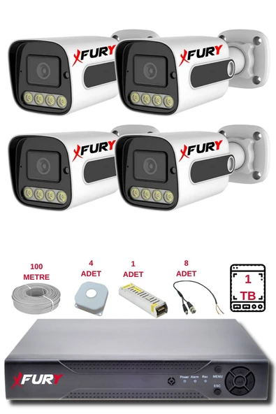 FURY 4 Kameralı Set Full HD Gece Renkli Görüş - Cepten İzle - Su Geçirmez Güvenlik Kamerası Seti 1TB - Resim 2