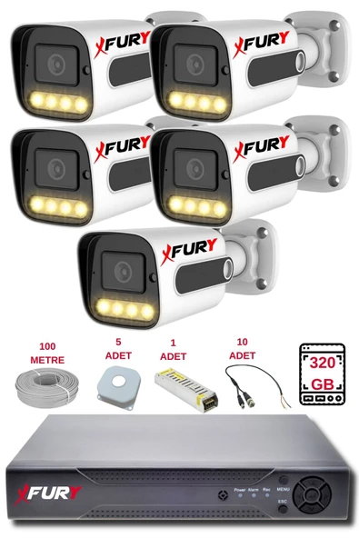 FURY 5 Kameralı Set Full HD Gece Renkli Görüş-Cepten İzle-Su Geçirmez Güvenlik Kamerası Seti 320GB ürün görseli