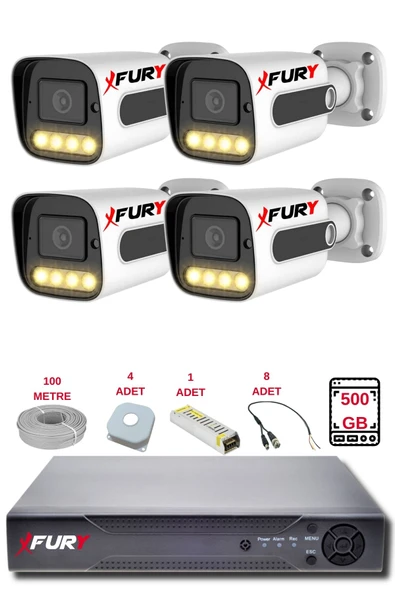 FURY 4 Kameralı Set Full HD Gece Renkli Görüş-Cepten İzle-Su Geçirmez Güvenlik Kamerası Seti 500GB ürün görseli