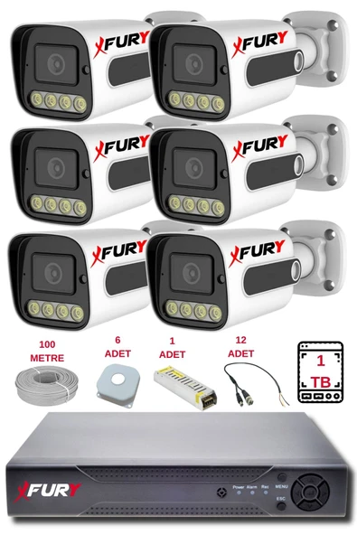 FURY 6 Kameralı Set Full HD Gece Renkli Görüş - Cepten İzle - Su Geçirmez Güvenlik Kamerası Seti 1TB - 2