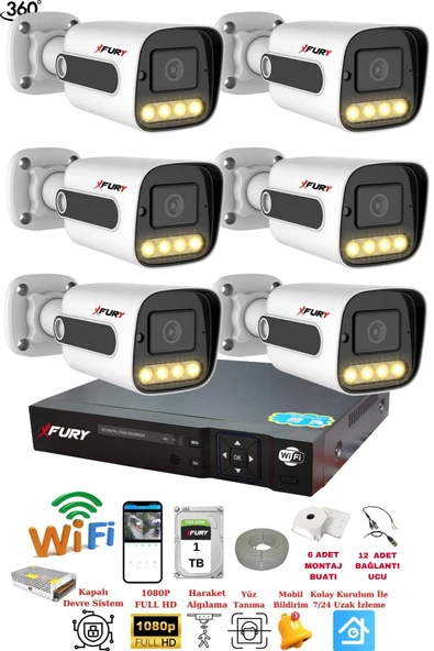 FURY 6 Kameralı Set Full HD Gece Renkli Görüş - Cepten İzle - Su Geçirmez Güvenlik Kamerası Seti 1TB ürün görseli 1
