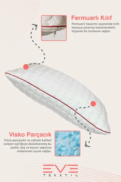 Kolajen Kumaş Boyun Destekli Visco Parçacıklı Fermuarlı Kılıflı Antialerjik Ortopedik Visco Yastık 40x65 Cm - 6
