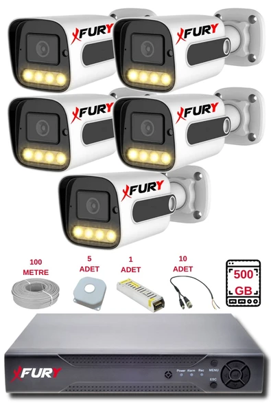 FURY 5 Kameralı Set Full HD Gece Renkli Görüş - Cepten İzle-Su Geçirmez Güvenlik Kamerası Seti 500GB ürün görseli