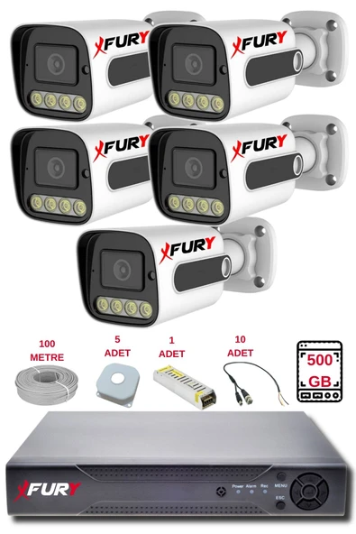 FURY 5 Kameralı Set Full HD Gece Renkli Görüş - Cepten İzle-Su Geçirmez Güvenlik Kamerası Seti 500GB - Resim 2
