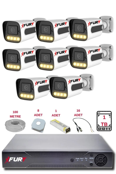 FURY 8 Kameralı Set Full HD Gece Renkli Görüş-Cepten İzle - Su Geçirmez Güvenlik Kamerası Seti 1TB ürün görseli