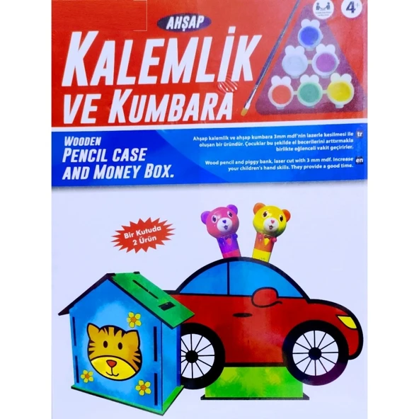 VIP KALİTE MAKET AHŞAP KALEMLİK AHŞAP KUMBARA SETİ 6 AKRİLİK BOYA SETİ AHŞAP ARABALI KALEMLİK