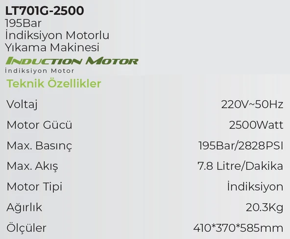 LUTİAN LT701G-2500 - 195 BAR Elektrikli Yüksek Basınçlı Araba Yıkama Makinası 2500 Watt - 2