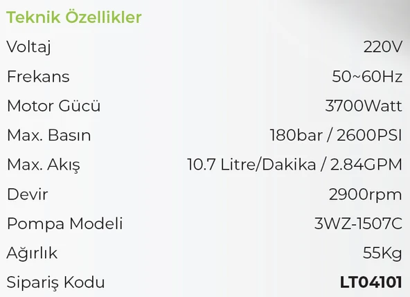 LUTİAN LT19ME - 180 BAR Profesyonel Yüksek Basınçlı Oto Yıkama Makinası 3700 Watt - 3