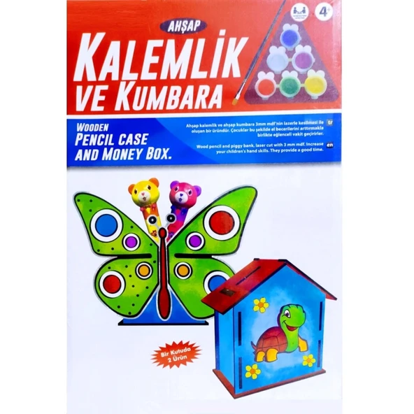 VIP KALİTE MAKET AHŞAP KALEMLİK AHŞAP KUMBARA SETİ 6 AKRİLİK BOYA SETİ AHŞAP KELEBEKLİ KALEMLİK SETİ