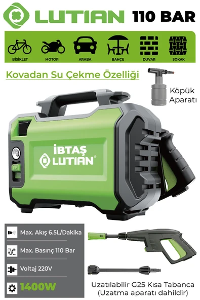 LUTİAN LT2161-1400 - 110 Bar Yüksek Basınçlı 220 Volt Oto Araba Yıkama Temizleme Tabancası Makinesi 1400 Watt ürün görseli