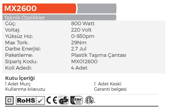 MAX EXTRA MX2601 Elektrikli SDS Plus Kırıcı Delici 790 Watt - 2.7 Jul - 2