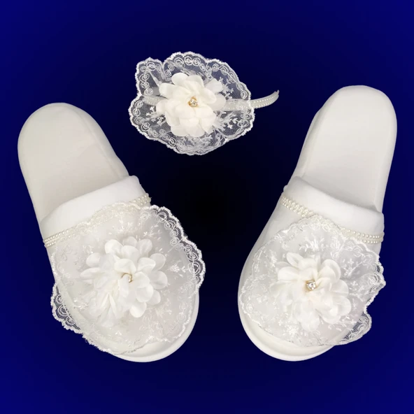 Taşlı Lüks Lohusa Taç Terlik Set Hamile Lohusa Beyaz 101 - 3