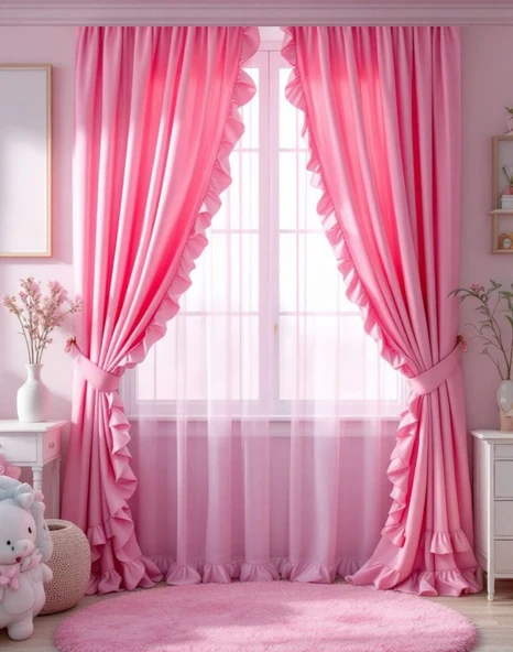 Fırfırlı Pembe Vintage Pamuk Keten Perde (En x Boy) - Tek Kanat