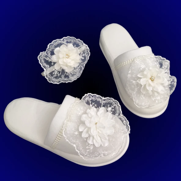 Taşlı Lüks Lohusa Taç Terlik Set Hamile Lohusa Beyaz 101