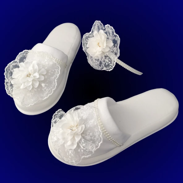 Taşlı Lüks Lohusa Taç Terlik Set Hamile Lohusa Beyaz 101 - 2