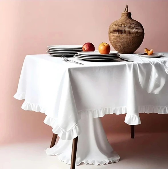 Vintage Beyaz Fırfırlı Keten Masa Örtüleri 17 Boy Seçeneğiyle - 2