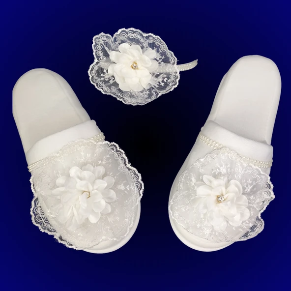 Taşlı Lüks Lohusa Taç Terlik Set Hamile Lohusa Beyaz 101 - 4