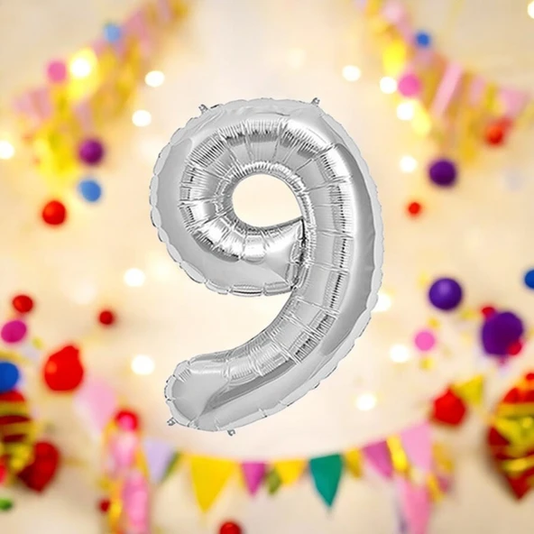Brokoli Home 9 Numara Folyo Gümüş Balon 100cm 40inç Helyuma Uygun Parti Balonu Numaralar