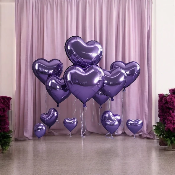 Brokoli Home 3 Adet Kalp Folyo Balon Mor Renk Uçan Balon 45 Cm 18 İnç - 4