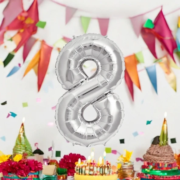 Brokoli Home 8 Numara Folyo Gümüş Balon 100cm 40inç Helyuma Uygun Parti Balonu Numaralar