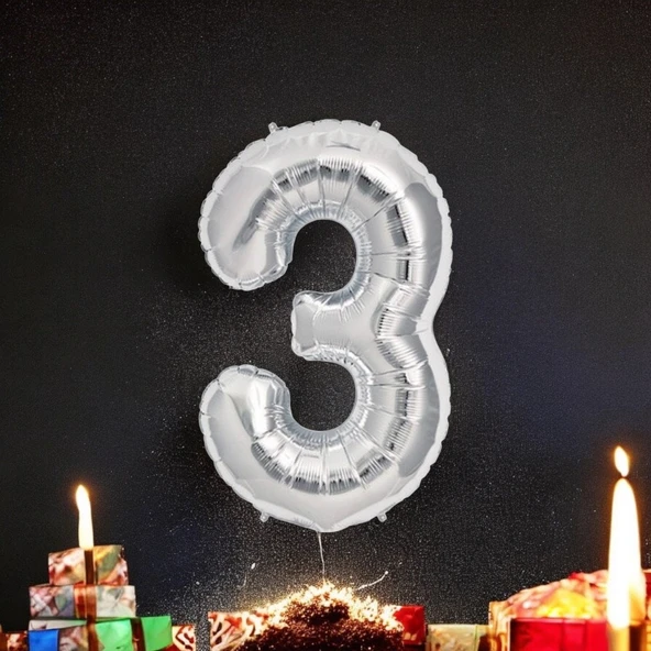 Brokoli Home 3 Numara Folyo Gümüş  Balon 100cm 40inç Helyuma Uygun Parti Balonu Numaralar