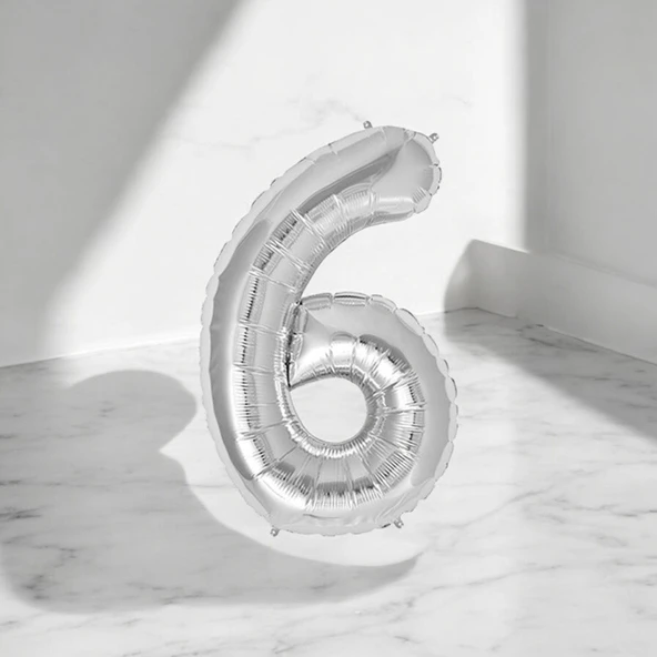 Brokoli Home 6 Numara Folyo Gümüş Balon 100cm 40inç Helyuma Uygun Parti Balonu Numaralar