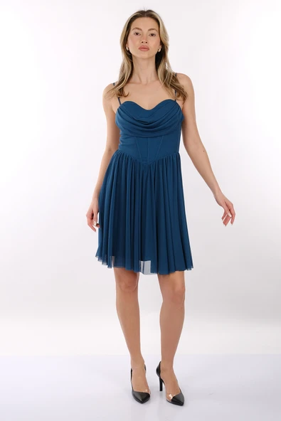 DORİDORCA İnce Askılı Korsajlı Tül Mini Abiye Elbise 2247029 - Resim 6