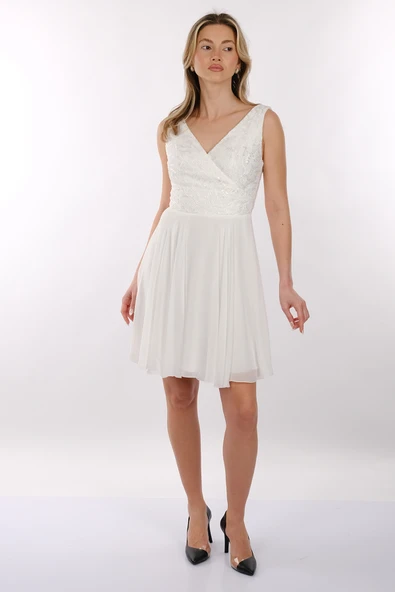 DORİDORCA V Yaka Dantelli Geniş Askılı Şifon Mini Abiye Elbise 2247028 - 9