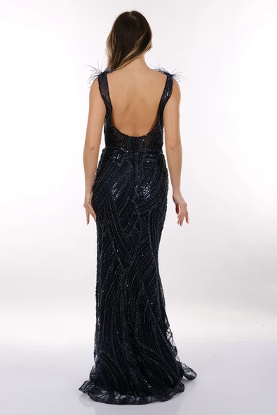 Ankyra Kupon Kumaş Tüy Detaylı Balık Abiye Elbise 25Y1811 - Resim 12