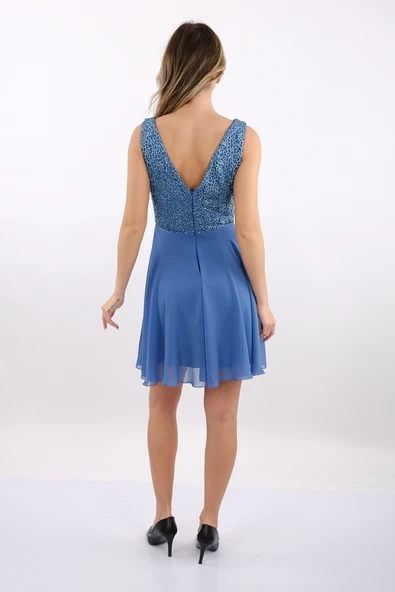 DORİDORCA V Yaka Dantelli Geniş Askılı Şifon Mini Abiye Elbise 2247028 - 10