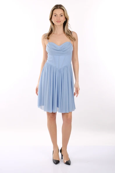 DORİDORCA İnce Askılı Korsajlı Tül Mini Abiye Elbise 2247029 - Resim 5